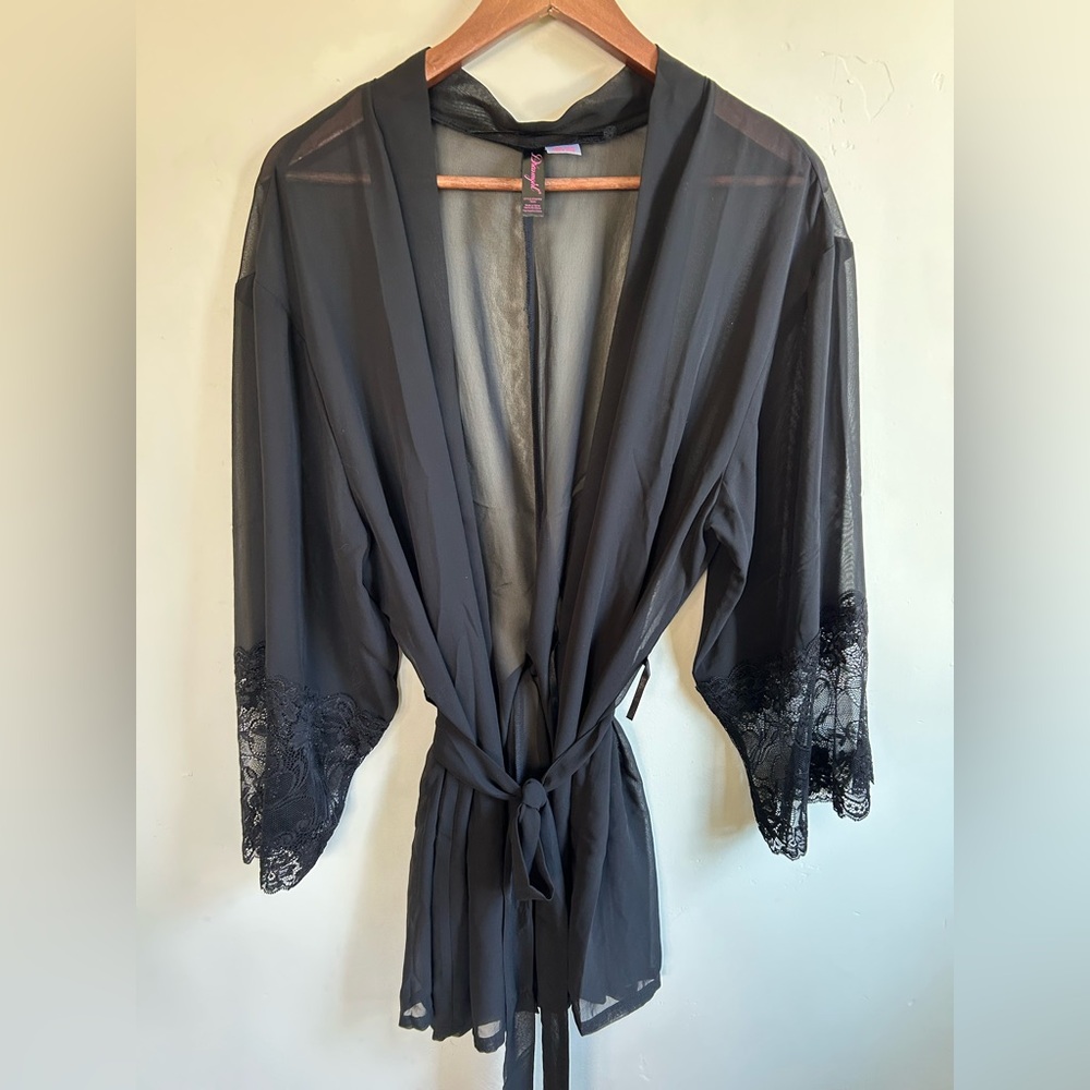 ▶️ Dreamgirl Sheer Lace Robe Set Black 1X 2X Satin Lingerie Kimono NWT
